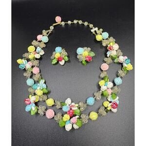 Vintage West Germany Celluloid Floral Necklace and Earring Set